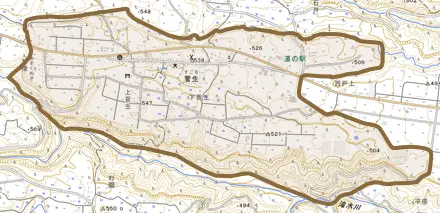 大字菅生とその周辺の地図。町の範囲を重ねている