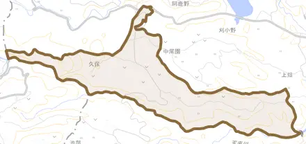 大字久保とその周辺の地図。町の範囲を重ねている