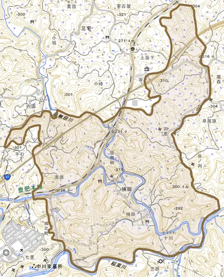 大字挟田とその周辺の地図。町の範囲を重ねている