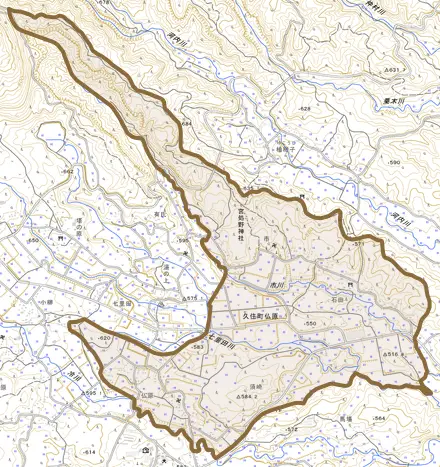 久住町大字仏原とその周辺の地図。町の範囲を重ねている