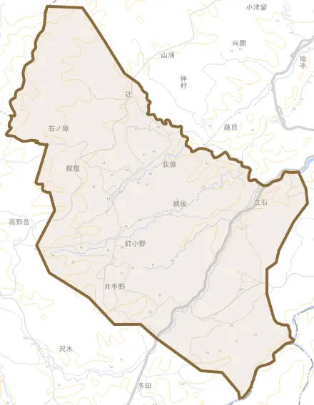 直入町大字上田北とその周辺の地図。町の範囲を重ねている