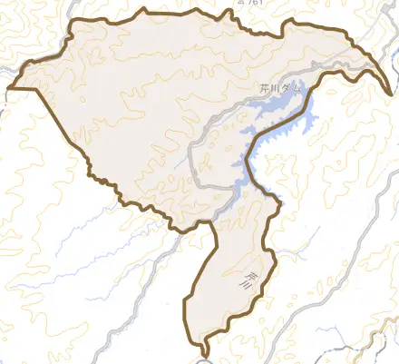 直入町大字下田北とその周辺の地図。町の範囲を重ねている