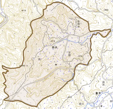 大字田井とその周辺の地図。町の範囲を重ねている