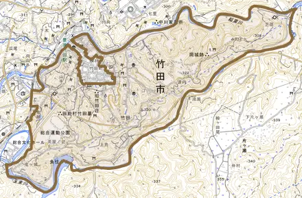 大字竹田とその周辺の地図。町の範囲を重ねている