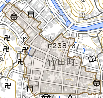 大字竹田町とその周辺の地図。町の範囲を重ねている