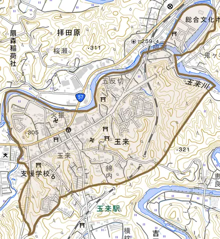 大字玉来とその周辺の地図。町の範囲を重ねている