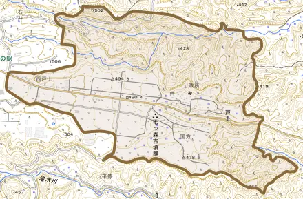 大字戸上とその周辺の地図。町の範囲を重ねている