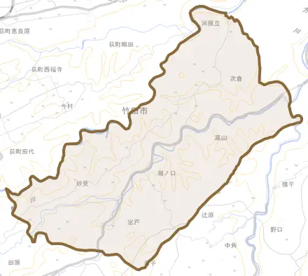 大字次倉とその周辺の地図。町の範囲を重ねている