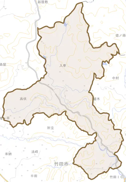 大字植木とその周辺の地図。町の範囲を重ねている