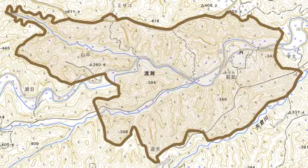 大字渡瀬とその周辺の地図。町の範囲を重ねている