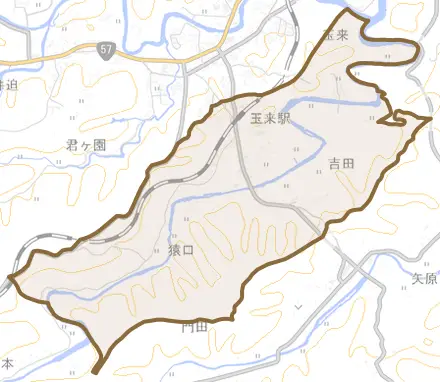 大字吉田とその周辺の地図。町の範囲を重ねている