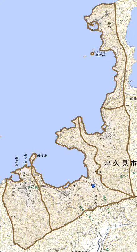 大字網代とその周辺の地図。町の範囲を重ねている