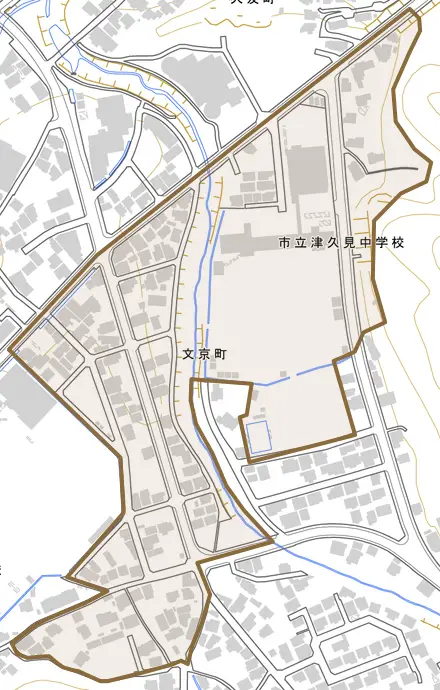 文京町とその周辺の地図。町の範囲を重ねている
