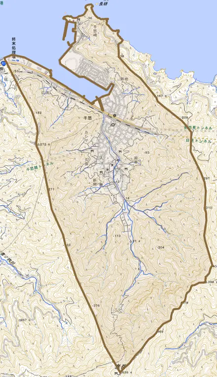 大字千怒とその周辺の地図。町の範囲を重ねている