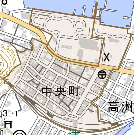 中央町とその周辺の地図。町の範囲を重ねている