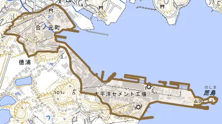 合ノ元町とその周辺の地図。町の範囲を重ねている