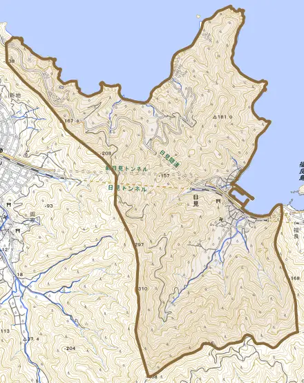 大字日見とその周辺の地図。町の範囲を重ねている