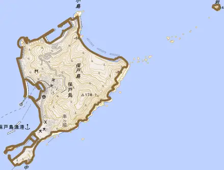 大字保戸島とその周辺の地図。町の範囲を重ねている