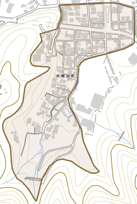 井無田町とその周辺の地図。町の範囲を重ねている