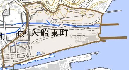 入船東町とその周辺の地図。町の範囲を重ねている