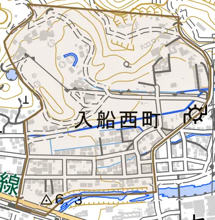 入船西町とその周辺の地図。町の範囲を重ねている