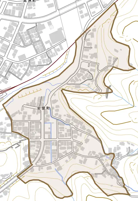 岩屋町とその周辺の地図。町の範囲を重ねている