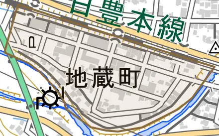 地蔵町とその周辺の地図。町の範囲を重ねている