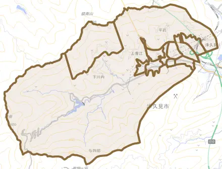 大字上青江とその周辺の地図。町の範囲を重ねている
