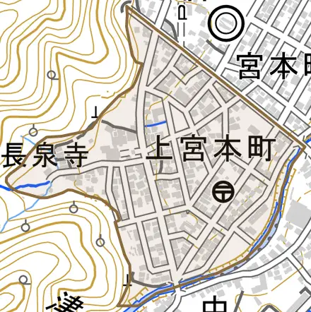 上宮本町とその周辺の地図。町の範囲を重ねている
