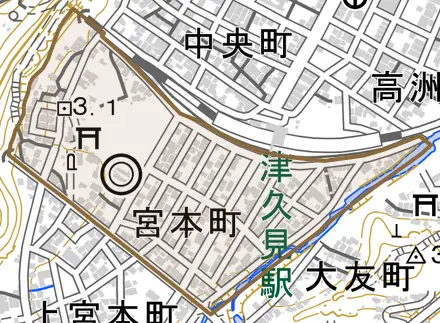 宮本町とその周辺の地図。町の範囲を重ねている
