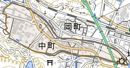 中町とその周辺の地図。町の範囲を重ねている