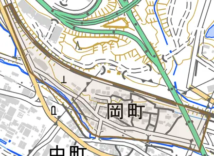 岡町とその周辺の地図。町の範囲を重ねている