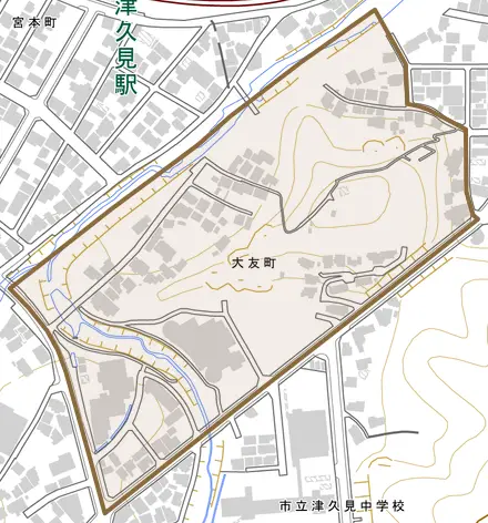 大友町とその周辺の地図。町の範囲を重ねている