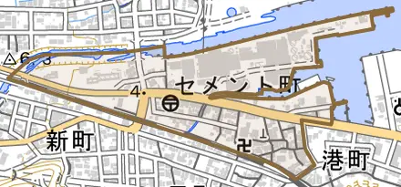 セメント町とその周辺の地図。町の範囲を重ねている