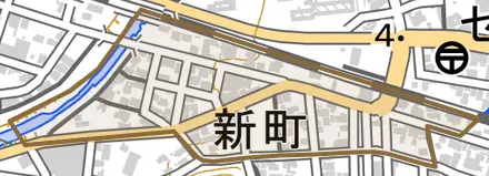 新町とその周辺の地図。町の範囲を重ねている