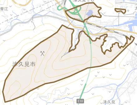 大字下青江とその周辺の地図。町の範囲を重ねている