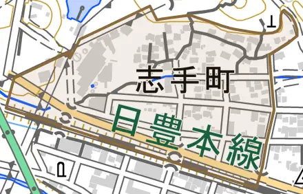 志手町とその周辺の地図。町の範囲を重ねている