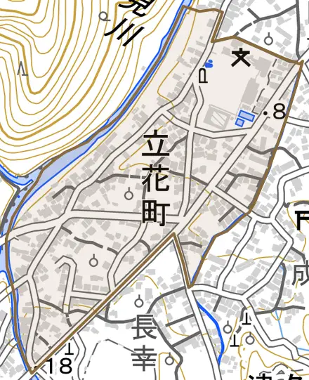 立花町とその周辺の地図。町の範囲を重ねている