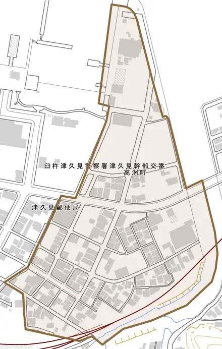 高洲町とその周辺の地図。町の範囲を重ねている
