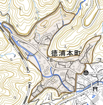 徳浦本町とその周辺の地図。町の範囲を重ねている