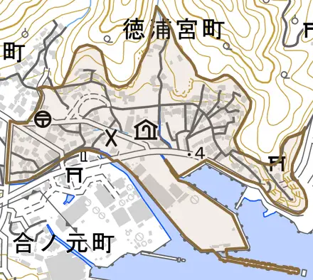 徳浦宮町とその周辺の地図。町の範囲を重ねている
