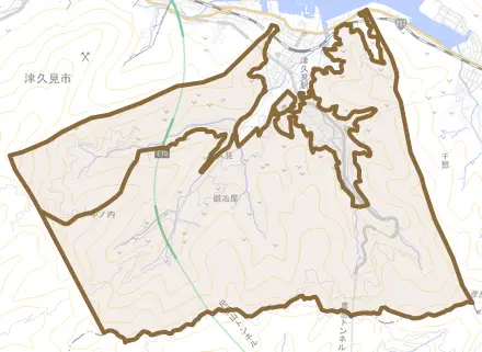 大字津久見とその周辺の地図。町の範囲を重ねている