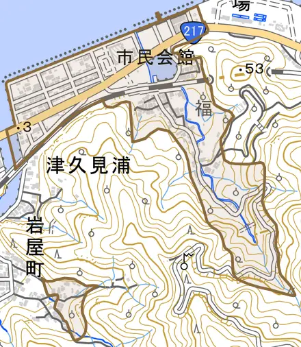 大字津久見浦とその周辺の地図。町の範囲を重ねている