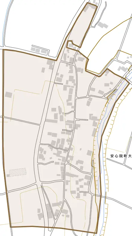 安心院町大とその周辺の地図。町の範囲を重ねている