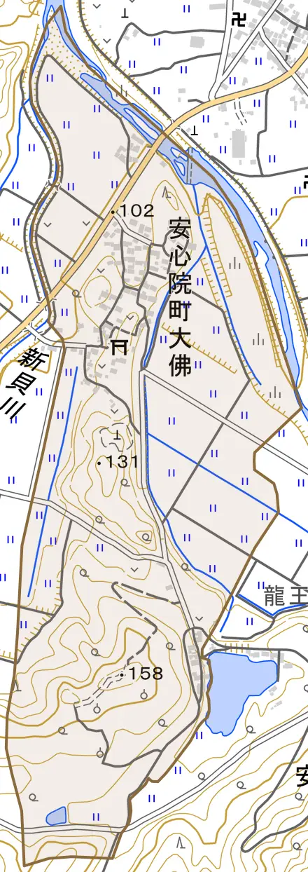安心院町大佛とその周辺の地図。町の範囲を重ねている