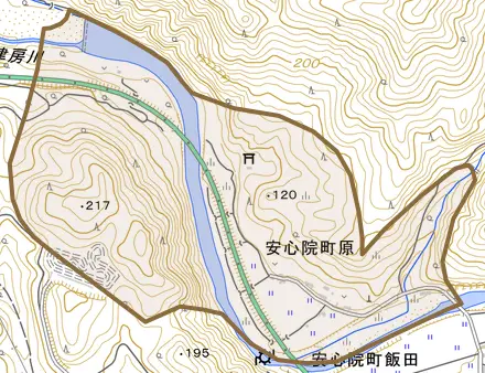安心院町原とその周辺の地図。町の範囲を重ねている