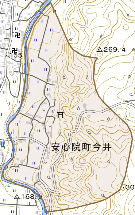 安心院町今井とその周辺の地図。町の範囲を重ねている