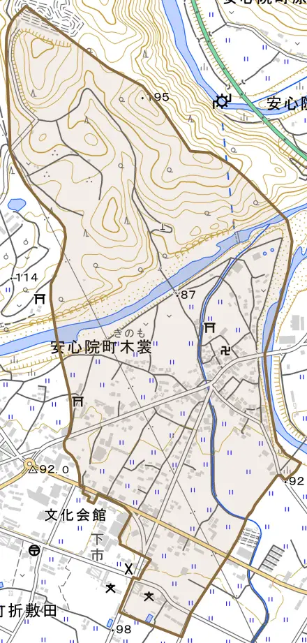 安心院町木裳とその周辺の地図。町の範囲を重ねている