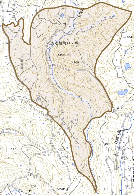 安心院町口ノ坪とその周辺の地図。町の範囲を重ねている