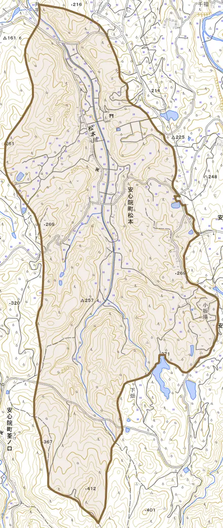 安心院町松本とその周辺の地図。町の範囲を重ねている